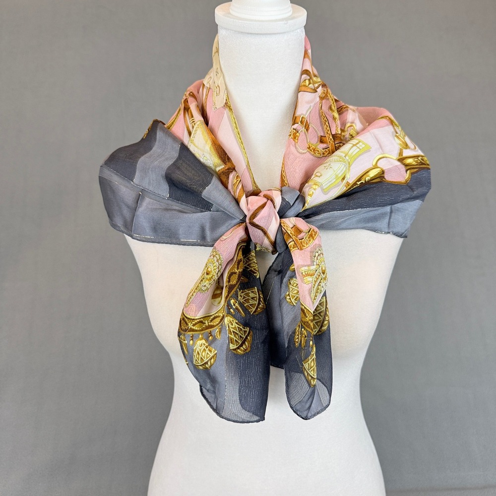 Equestrian Silk Scarf Women OS Pink Grey Gold Saddle Bridle Print 34x34 Western